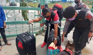 Patroli K-9 Ditsamapta Polda Kalbar di Perbatasan Malaysia-Indonesia Aruk Sambas, Jumat (04/03/2022), (V24/AL)