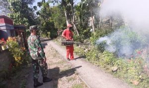 Babinsa Demangan Bersinergi Laksanakan Fogging Di Dukuh Tlogo, Senin (07/03/2022), (V24/Rudi)
