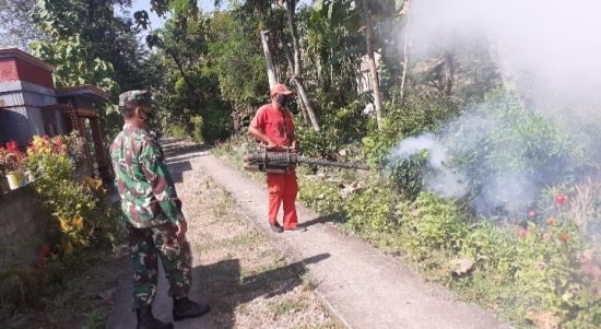 Babinsa Demangan Bersinergi Laksanakan Fogging Di Dukuh Tlogo, Senin (07/03/2022), (V24/Rudi)