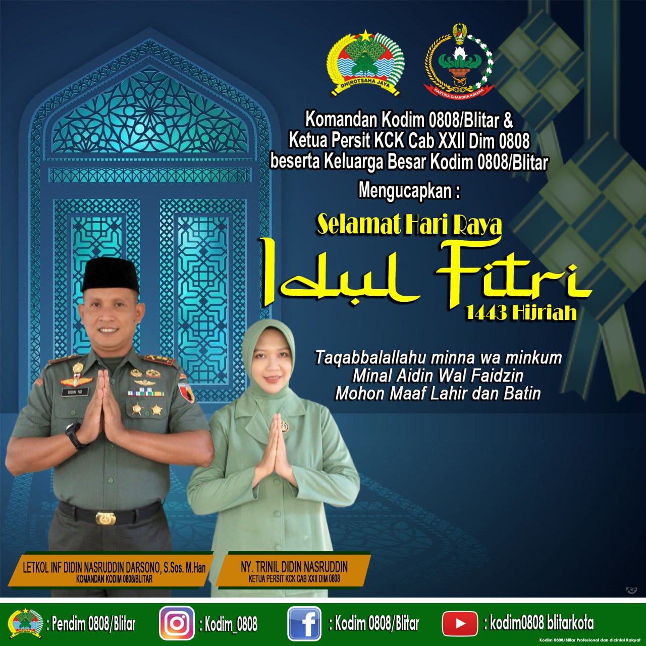 Letkol Inf Didin Nasruddin Darsono dan Ny.Trinil Didin Nasruddin Mengucapan Selamat Hari Raya, Senin (02/05/2022), (Foto: V24/Madli)